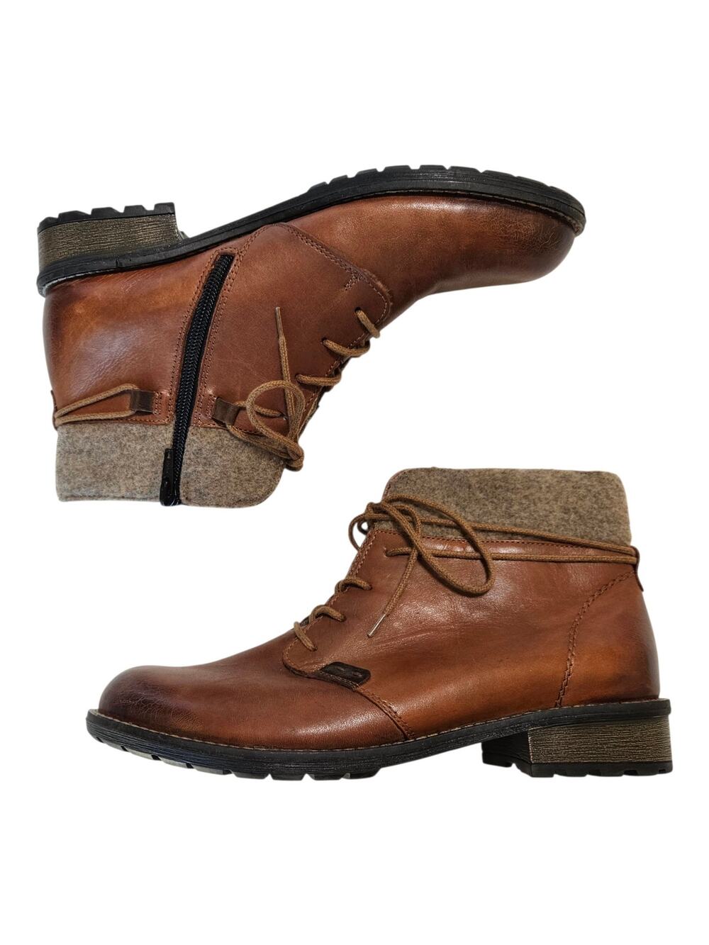 REMONTE Women 38 / 7 - 7.5 Elaine Ankle Boots Brown Leather Lace Up Wool Lined